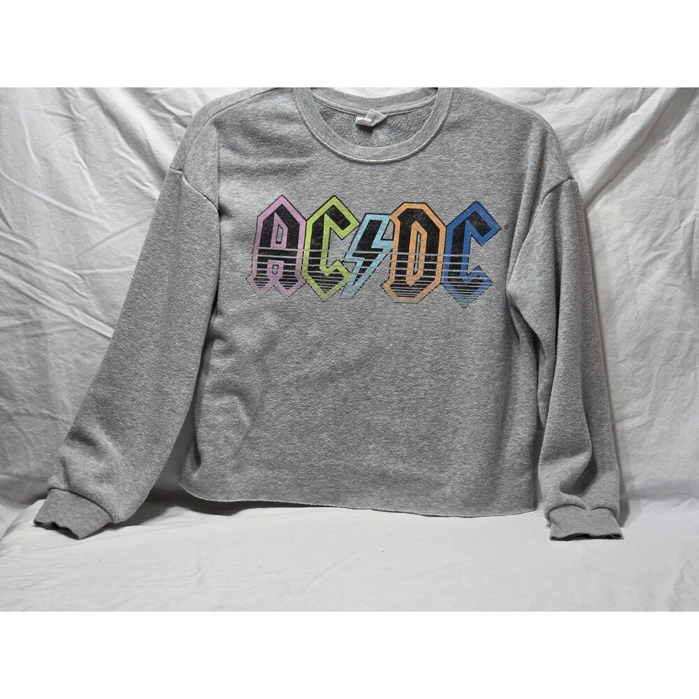 AC/DC Graphic Cropped Sweatshirt Gray Raw Hem Size XL(14) Read Flaw